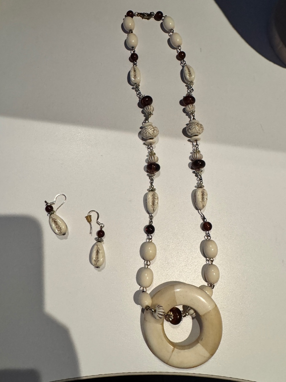 Vintage BONE Bead Pendant Necklace and Earring Set - Women Jewelry